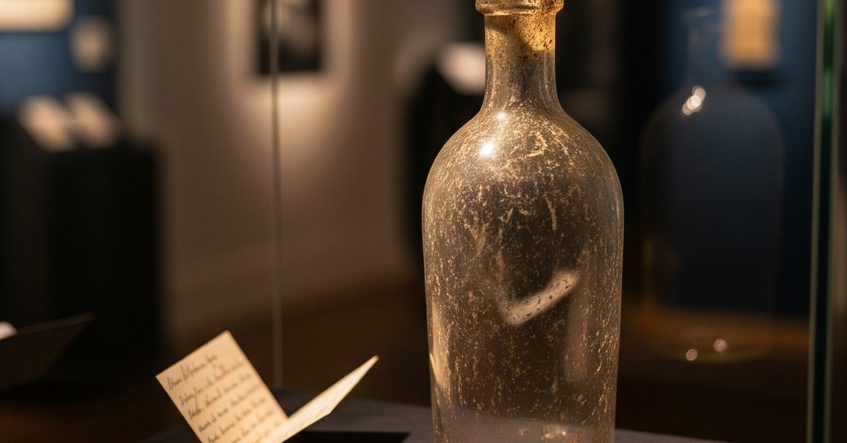 A weathered holy water bottle and folded handwritten note displayed in a dim museum exhibition case