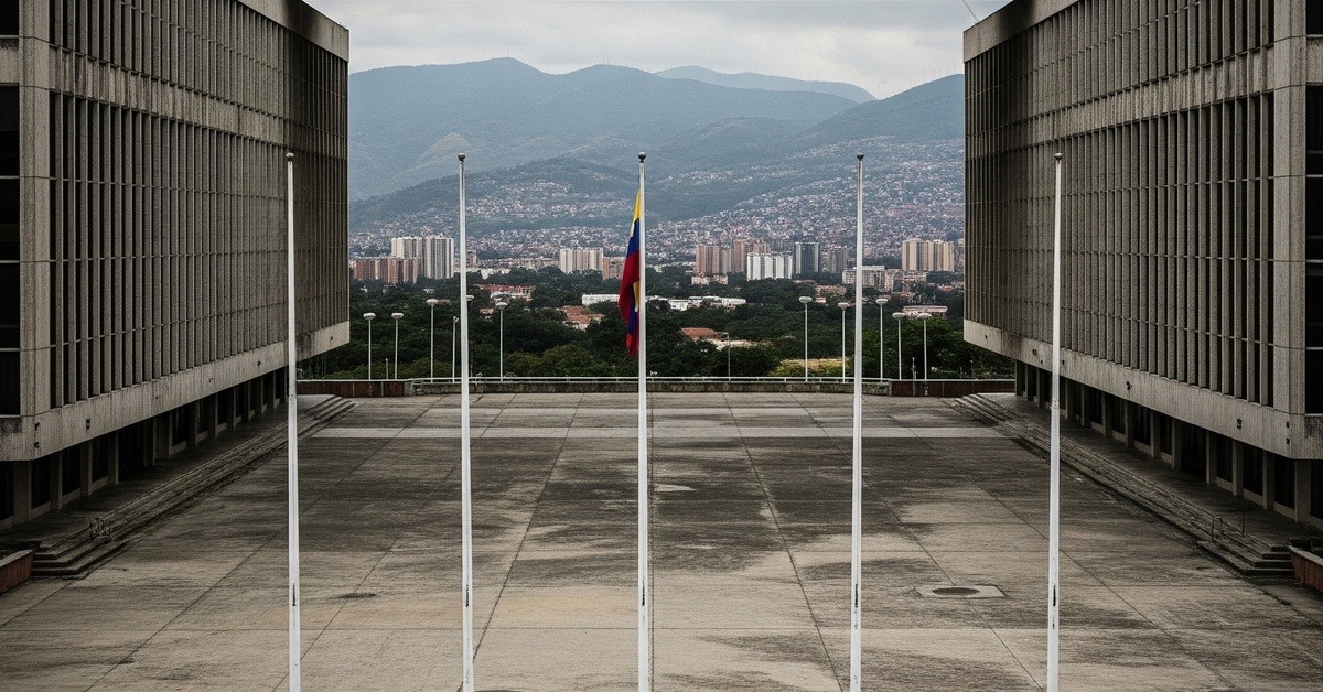 Wide view of a quiet diplomatic embassy facade with empty flagpoles against an overcast Caracas skyline