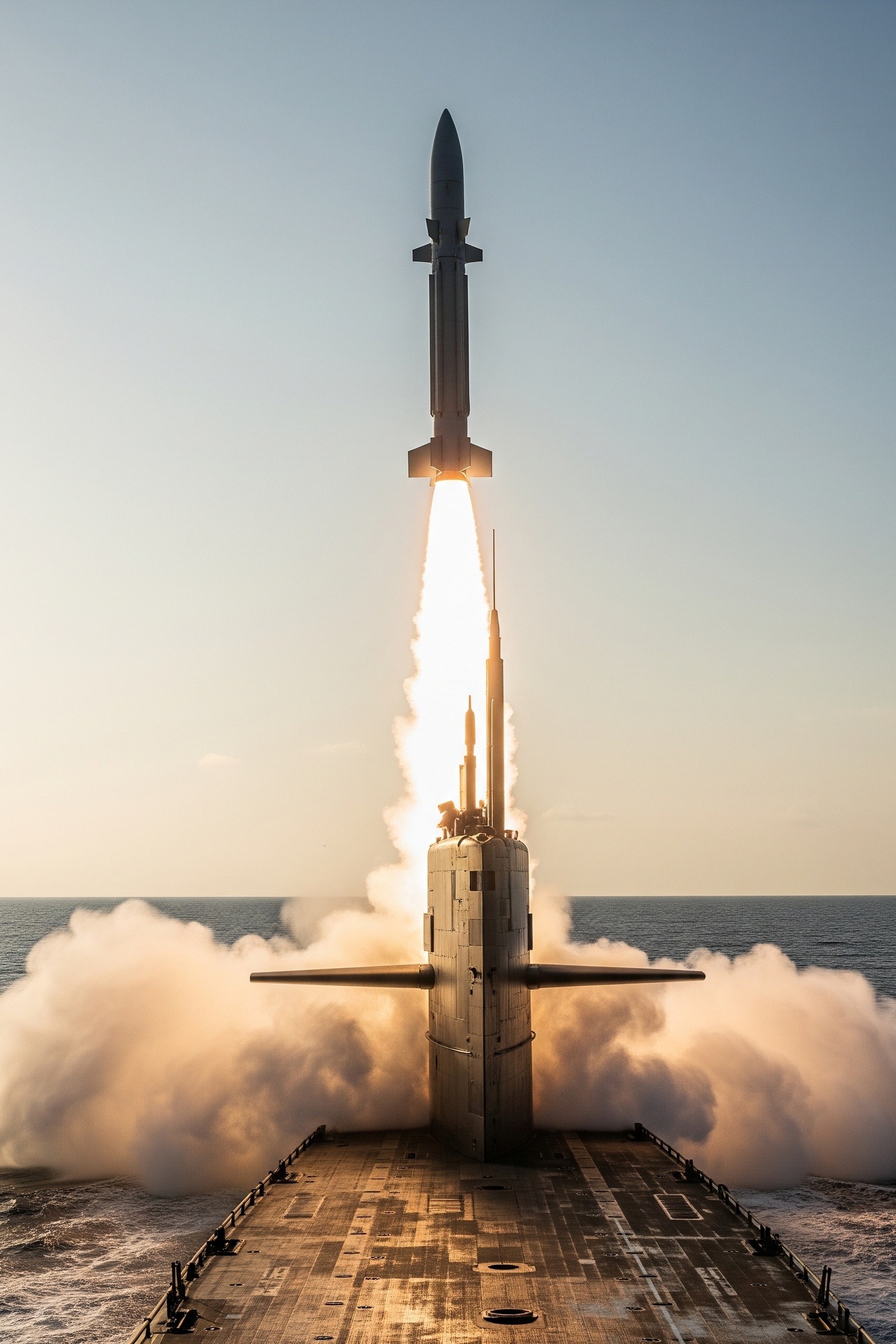 A Regulus I cruise missile launches from a submarine deck over open Atlantic waters