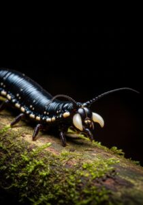 A small velvet worm (Onychophora) on damp rainforest leaf litter at night, velvety dark skin glistening under torchlight, long antennae extended forward