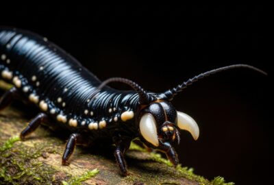 A small velvet worm (Onychophora) on damp rainforest leaf litter at night, velvety dark skin glistening under torchlight, long antennae extended forward