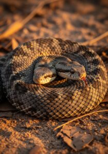 A saw-scaled viper coiled in dry leaf litter, head raised, scales rasping in defensive coil — the deadliest venomous animal to humans by annual mortality.