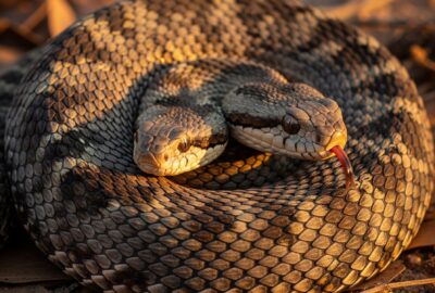A saw-scaled viper coiled in dry leaf litter, head raised, scales rasping in defensive coil — the deadliest venomous animal to humans by annual mortality.