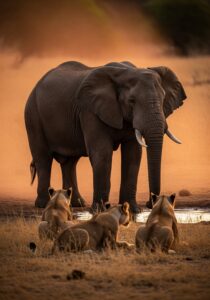 An adult African bush elephant at a dusty waterhole at dusk with three lionesses crouched low in golden grass in the foreground, dramatic warm sunset side-light