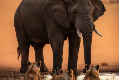 An adult African bush elephant at a dusty waterhole at dusk with three lionesses crouched low in golden grass in the foreground, dramatic warm sunset side-light