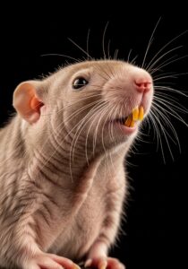 Close-up portrait of a naked mole rat, the mammal most resistant to cancer, against a soft black studio background