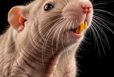 Close-up portrait of a naked mole rat, the mammal most resistant to cancer, against a soft black studio background