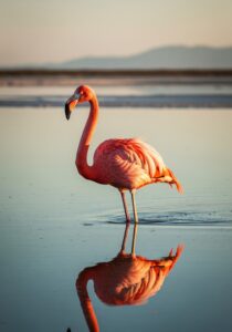 A vivid pink American flamingo standing in shallow turquoise lagoon water, head turned in profile, plumage glowing in low golden light.