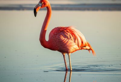 A vivid pink American flamingo standing in shallow turquoise lagoon water, head turned in profile, plumage glowing in low golden light.