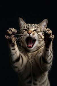 A cat in a deep full-body stretch with arched spine and extended front paws on a wooden floor in warm light