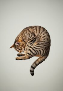 A domestic cat captured mid-fall, body twisted in the classic righting reflex, paws rotating toward the ground against a soft natural background.