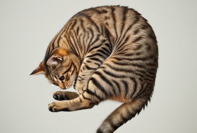 A domestic cat captured mid-fall, body twisted in the classic righting reflex, paws rotating toward the ground against a soft natural background.