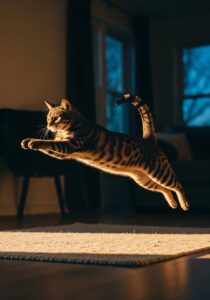 A house cat caught mid-sprint in a softly lit living room at twilight, ears forward, tail up, paws barely touching the rug.