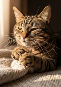 A contented tabby cat kneading a soft cream-colored blanket with its front paws, eyes half-closed