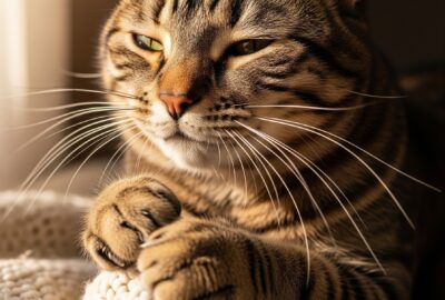 A contented tabby cat kneading a soft cream-colored blanket with its front paws, eyes half-closed