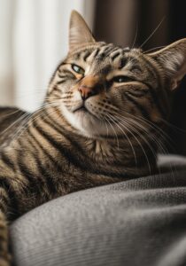 Close-up portrait of a tabby cat purring with eyes half-closed, soft natural light catching the whiskers and fur