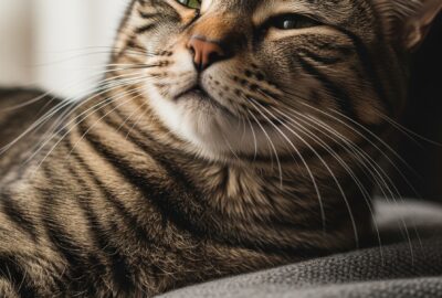 Close-up portrait of a tabby cat purring with eyes half-closed, soft natural light catching the whiskers and fur