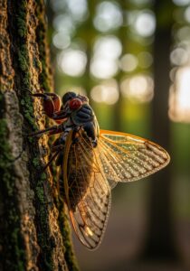 A red-eyed 17-year periodical cicada (Magicicada) clinging to mossy oak bark in golden-hour light moments after emergence.