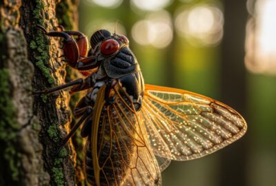A red-eyed 17-year periodical cicada (Magicicada) clinging to mossy oak bark in golden-hour light moments after emergence.