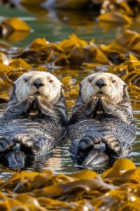 Two sea otters floating on their backs in a kelp forest with paws touching on the calm Pacific