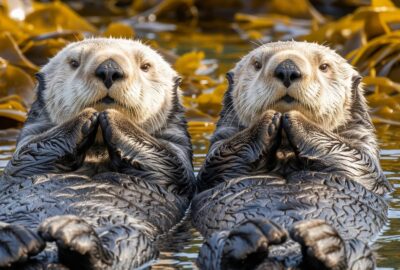 Two sea otters floating on their backs in a kelp forest with paws touching on the calm Pacific
