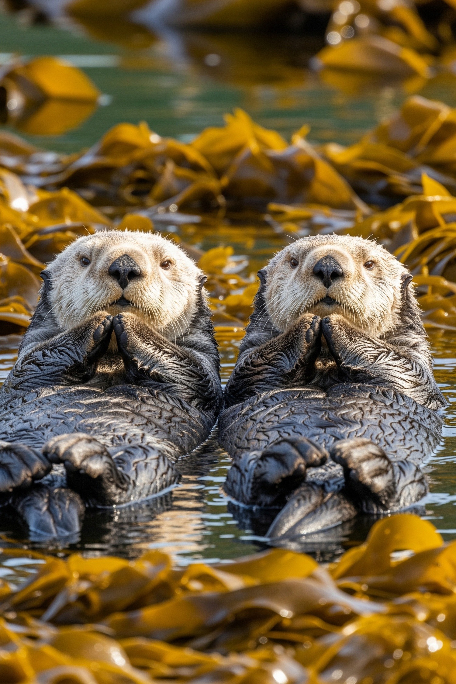 Two sea otters floating on their backs in a kelp forest with paws touching on the calm Pacific