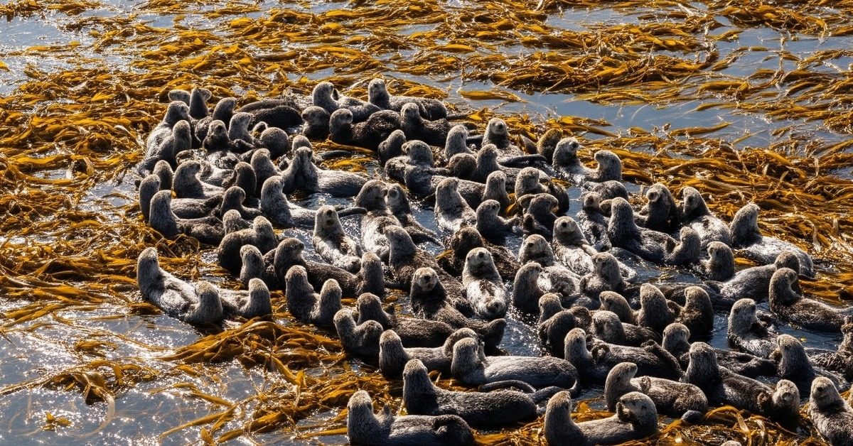 A large raft of sea otters resting together among golden giant kelp on a calm coastal bay