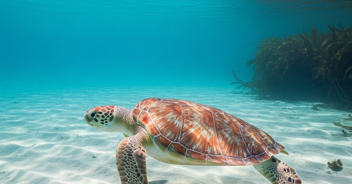 A loggerhead sea turtle gliding over a sandy seabed in clear sunlit Atlantic shallows