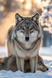 Alpha wolf standing over a wolf pup in snowy Yellowstone wilderness at dusk