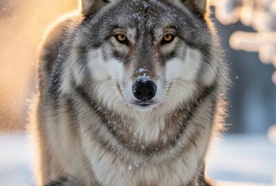 Alpha wolf standing over a wolf pup in snowy Yellowstone wilderness at dusk