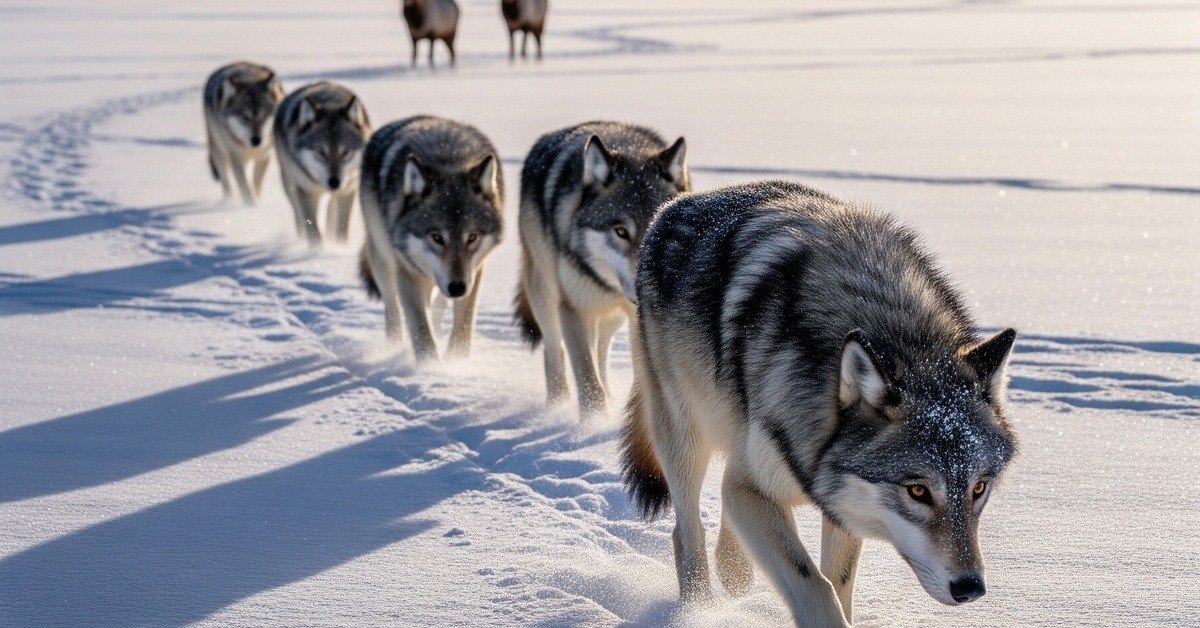 Yellowstone wolf pack coordinating a hunt across a frozen river valley
