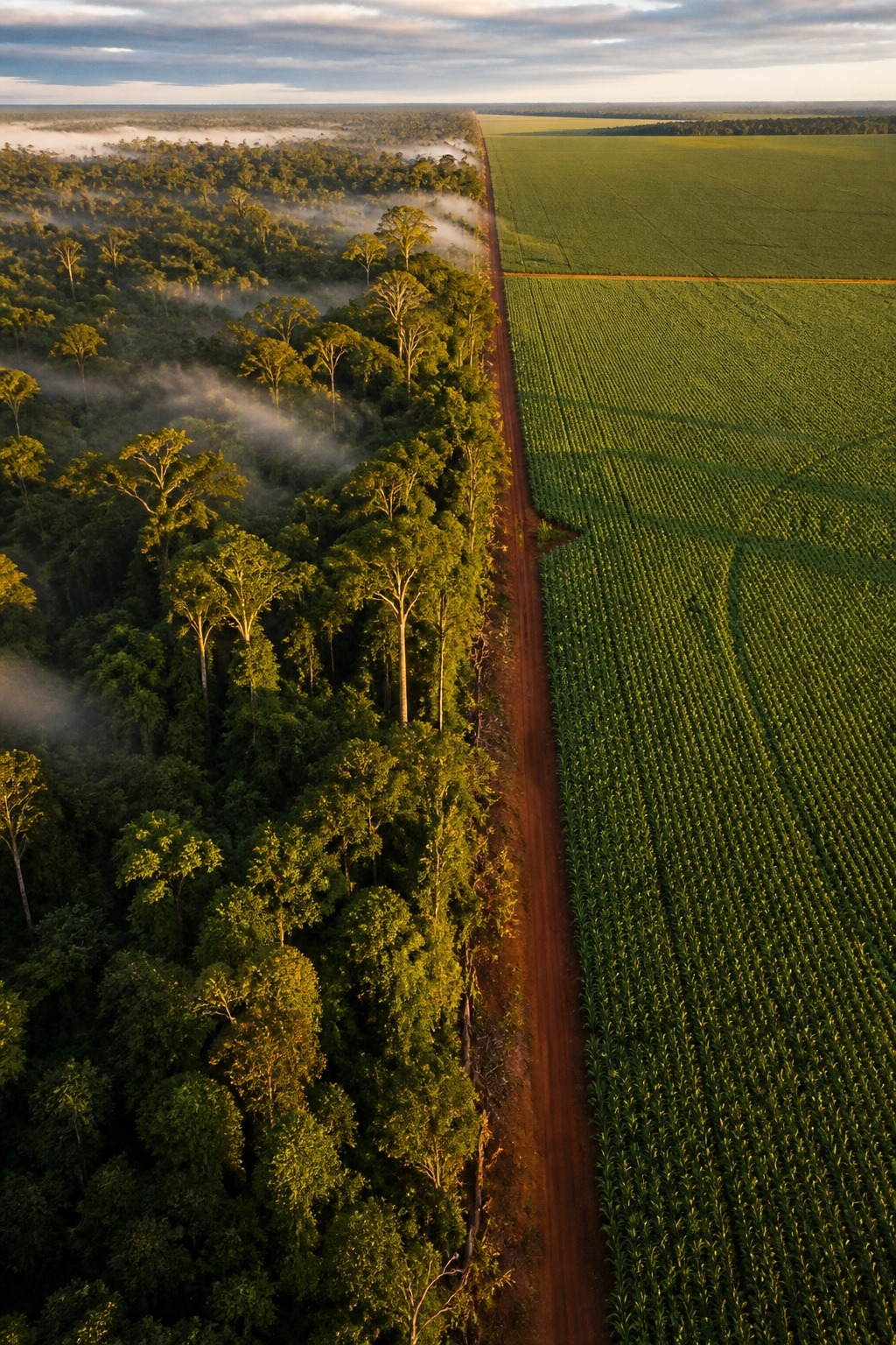 Aerial view where dense Amazon rainforest meets a green soy field in Mato Grosso, Brazil