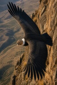 An adult Andean condor with a three-metre wingspan gliding above the cliffs of Patagonia at sunrise