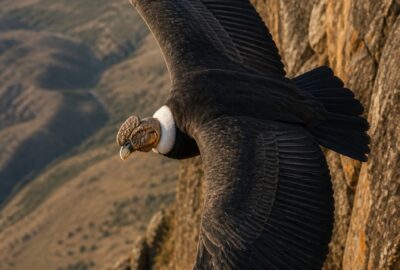 An adult Andean condor with a three-metre wingspan gliding above the cliffs of Patagonia at sunrise