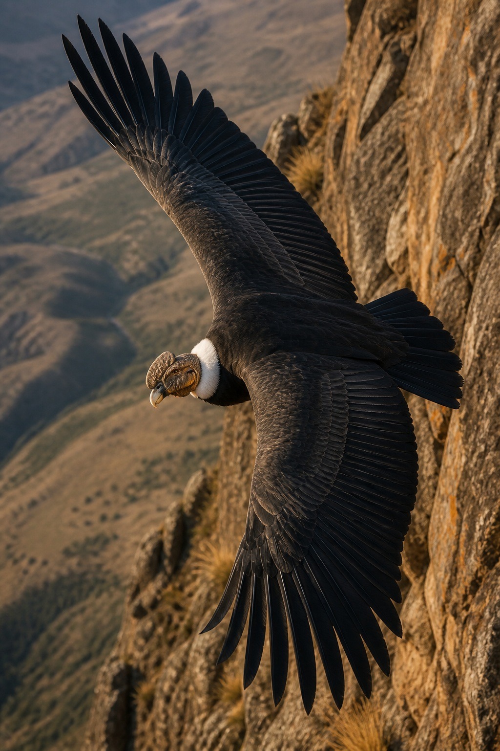 An adult Andean condor with a three-metre wingspan gliding above the cliffs of Patagonia at sunrise