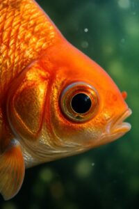 Close-up portrait of a goldfish eye and iridescent scales in soft underwater light, revealing its ultraviolet-sensitive vision