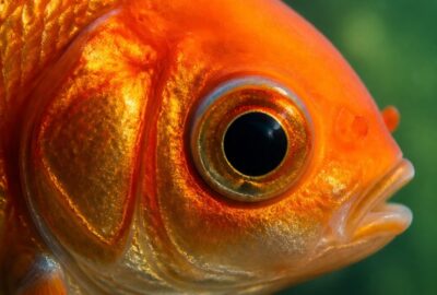 Close-up portrait of a goldfish eye and iridescent scales in soft underwater light, revealing its ultraviolet-sensitive vision