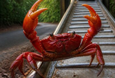 A Christmas Island red crab climbing the roughened ramp of the Murray Road crab bridge during the annual migration