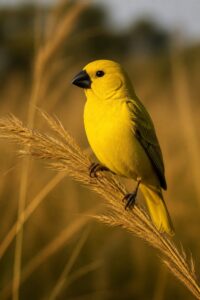A bright yellow male cuckoo finch perched on a grass seedhead in African grassland at golden hour