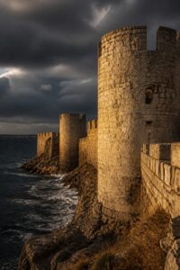 The weathered medieval Genoese fortress walls of Caffa (modern Feodosia) above the Black Sea at golden hour