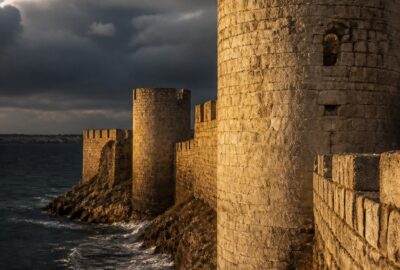 The weathered medieval Genoese fortress walls of Caffa (modern Feodosia) above the Black Sea at golden hour