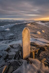 The frozen gravel of Beechey Island in the high Canadian Arctic, where three Franklin expedition sailors were buried in 1846