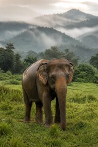 A rescued Asian elephant standing free in a green Chiang Mai valley at a no-riding sanctuary, no saddle or chains