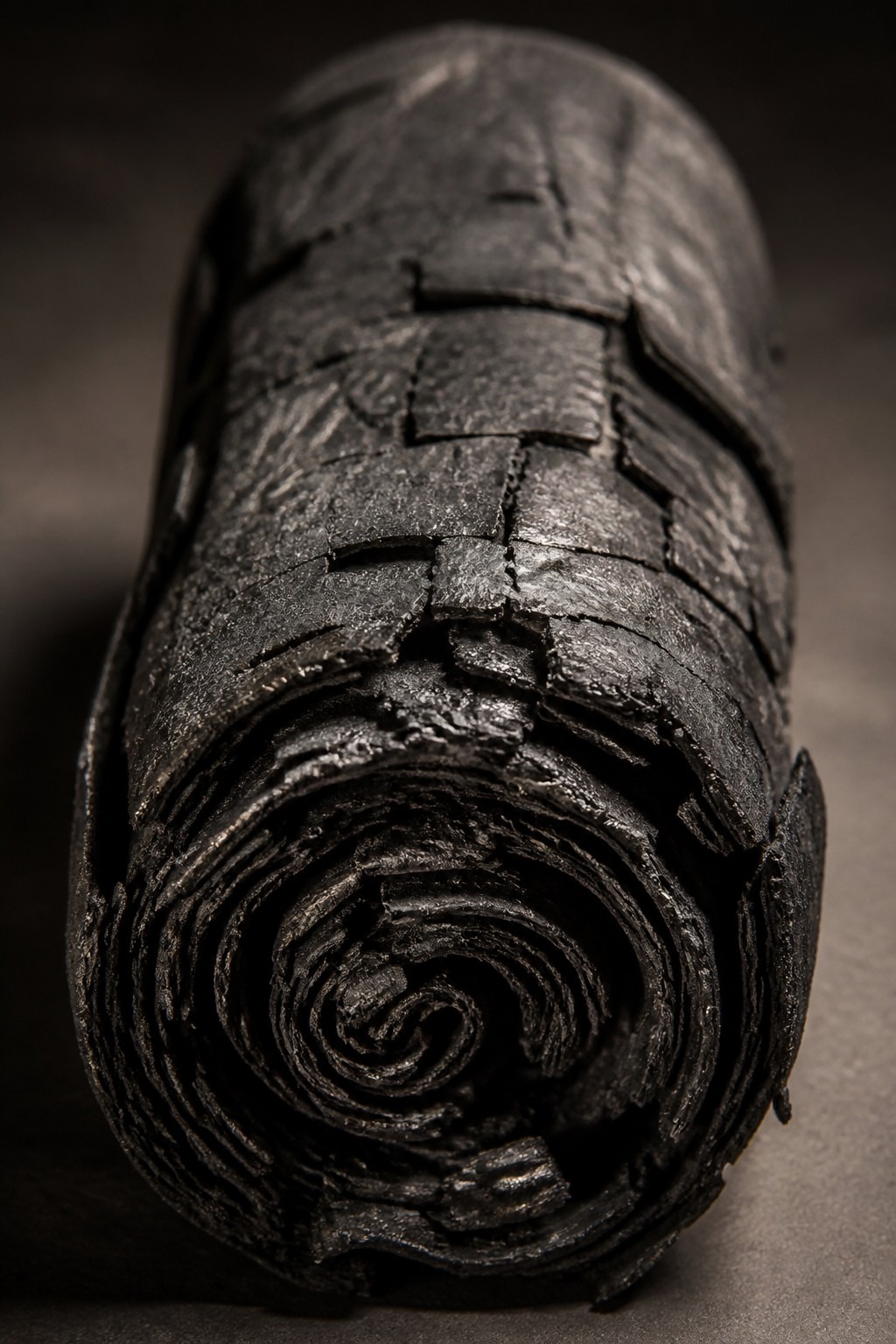 A blackened, carbonised Herculaneum papyrus scroll fused solid, lit dramatically against a dark background