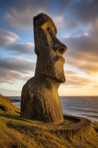 A giant moai statue standing on the coast of Easter Island (Rapa Nui) at dusk, its wide stone base and forward-leaning profile lit by low golden light