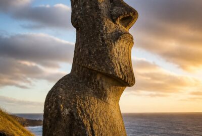 A giant moai statue standing on the coast of Easter Island (Rapa Nui) at dusk, its wide stone base and forward-leaning profile lit by low golden light