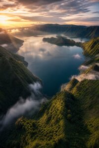 Lake Toba caldera in Sumatra at dawn, the flooded scar of a supervolcanic eruption
