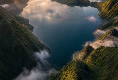 Lake Toba caldera in Sumatra at dawn, the flooded scar of a supervolcanic eruption