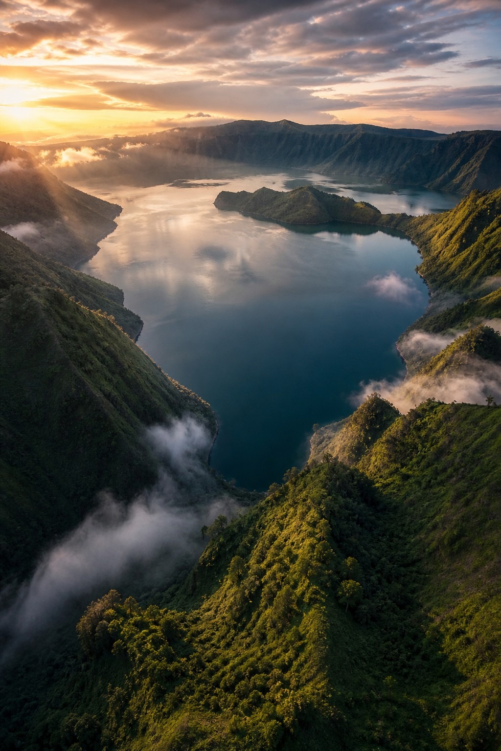 Lake Toba caldera in Sumatra at dawn, the flooded scar of a supervolcanic eruption
