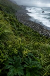 How Macquarie Island was cleared of rabbits, rats and cats — windswept subantarctic tussock slopes with a king penguin colony below